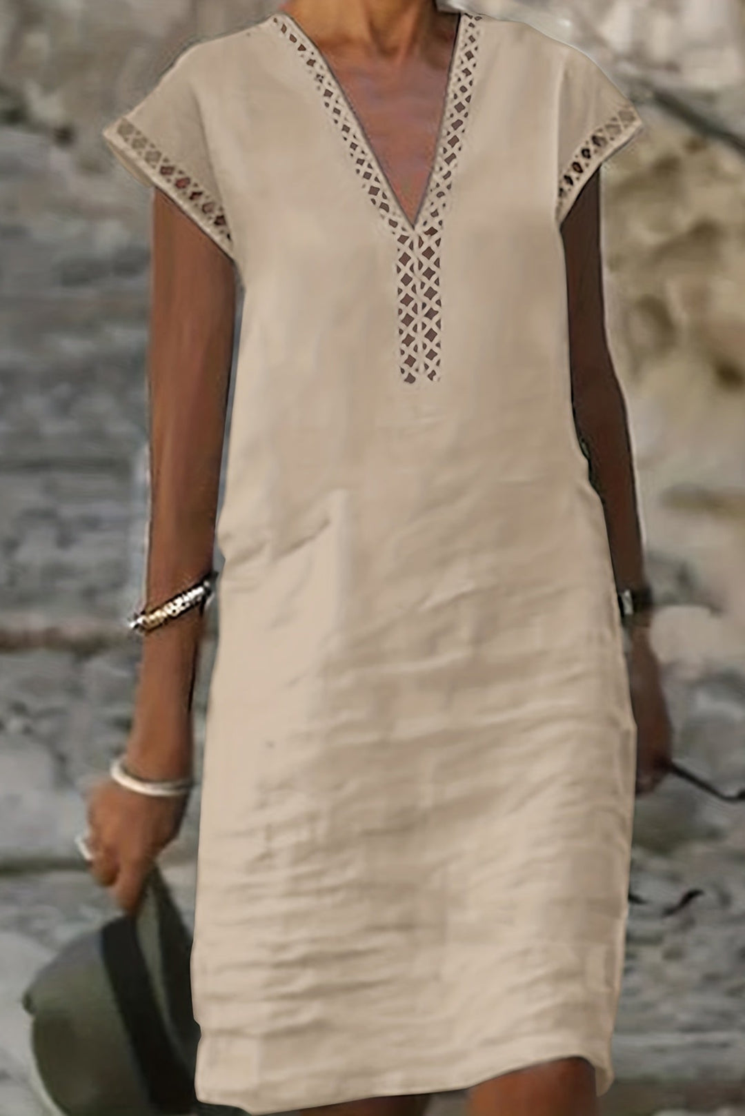 Lace Midi Dress with V Neck and Hollow Out Detail