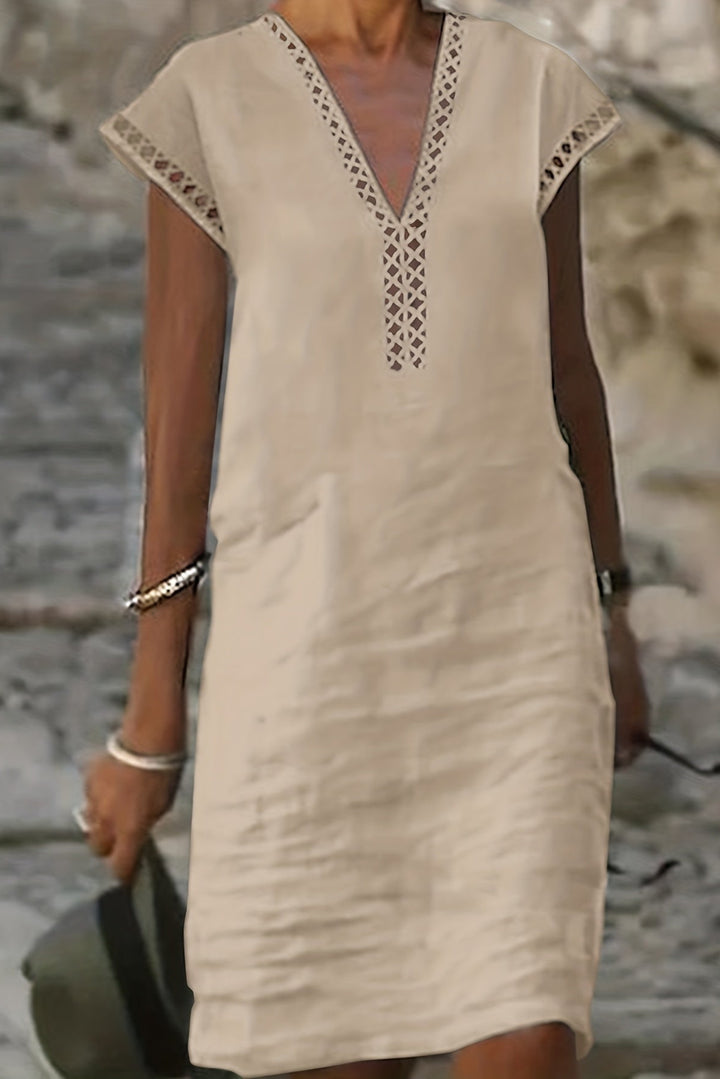 Lace Midi Dress with V Neck and Hollow Out Detail