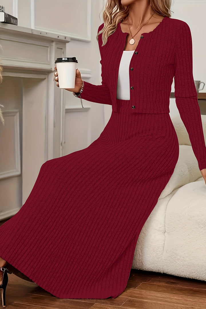 Long Sleeve Cardigan and A-Line Maxi Dress Set for Women