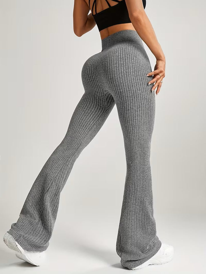 High Waist Flare Pants with Tummy Control and Ribbed Texture for Women