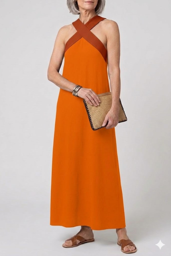 Crossed Front V Neck Maxi Dress Short Sleeve Breathable
