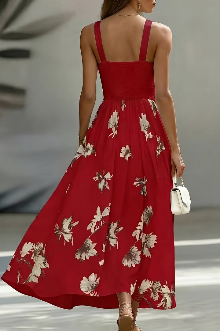 Shirred Midi Dress with V Neck and Cinched Waist
