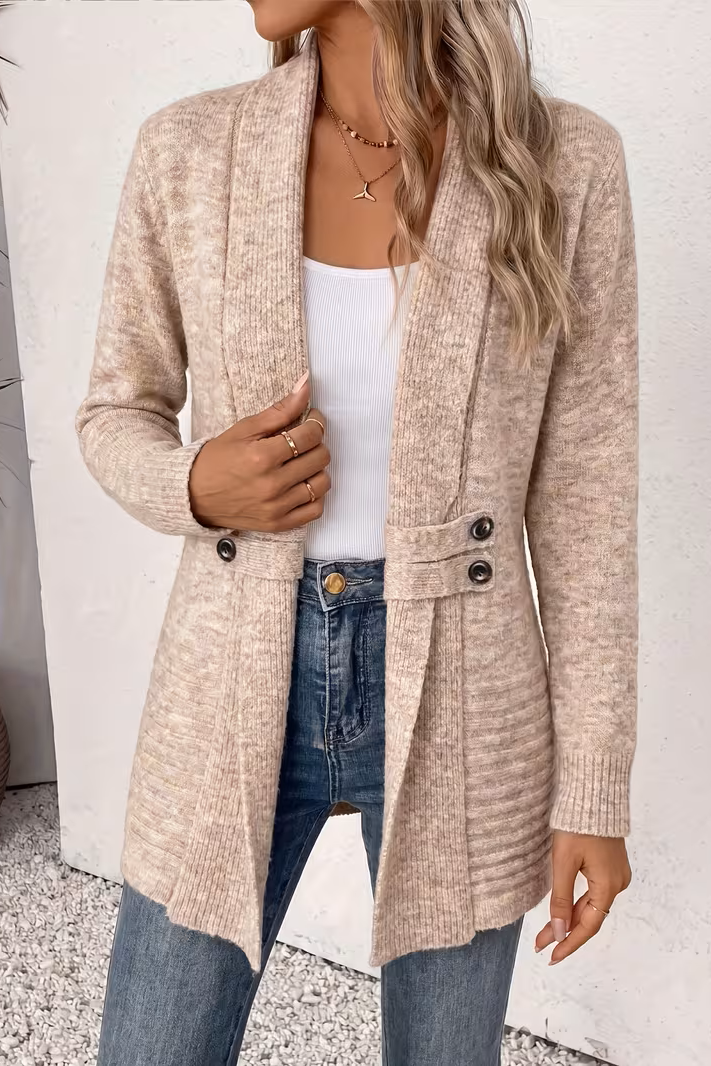 Double Breasted Cardigan Sweater with Belt and Shawl Collar for Women