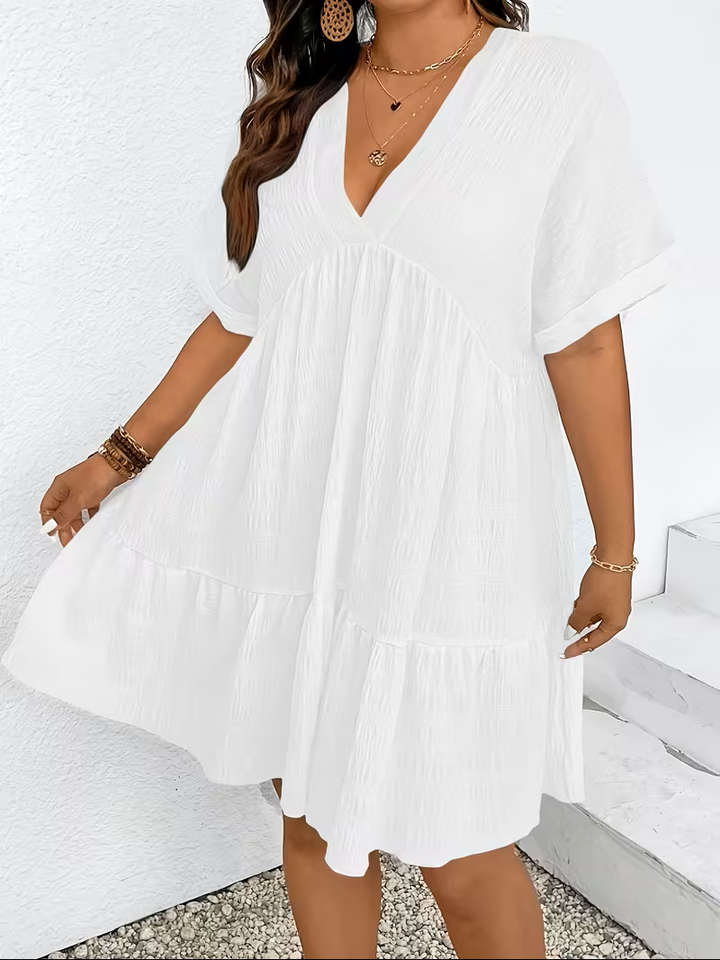 Batwing Sleeve Plus Size Babydoll Midi Dress with V Neck for Summer