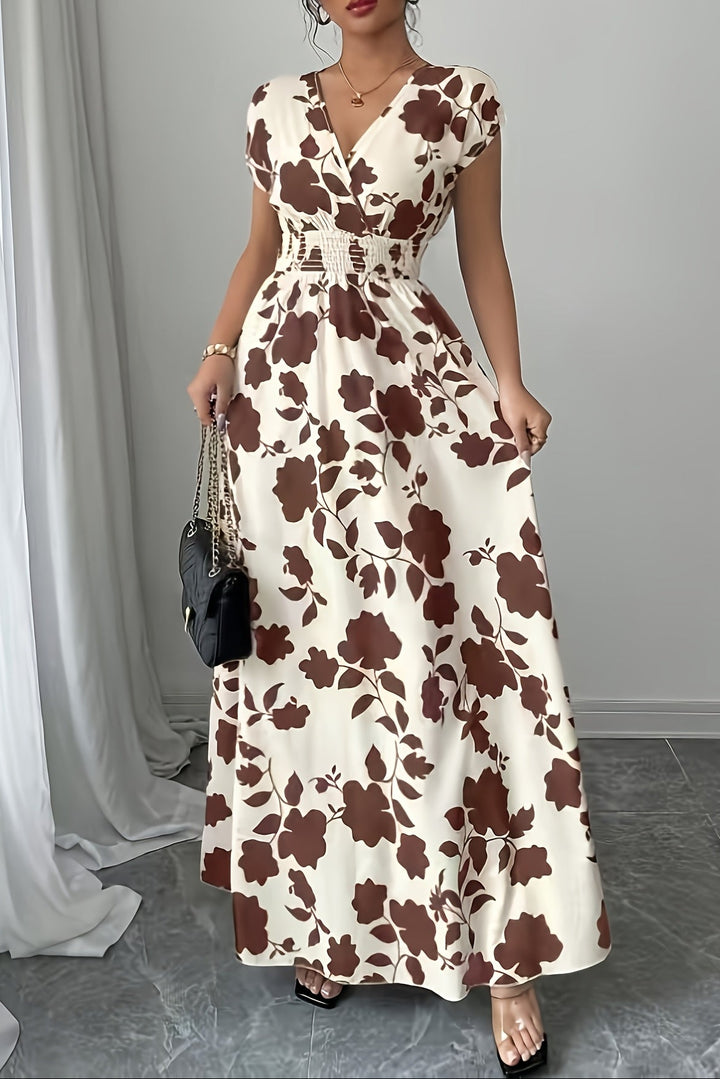 Leaf Print Maxi Dress with V Neck and Flared Skirt for Summer
