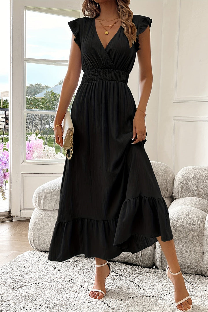 Ruffle Sleeve Maxi Dress with Deep V Neck and Shirred Detail