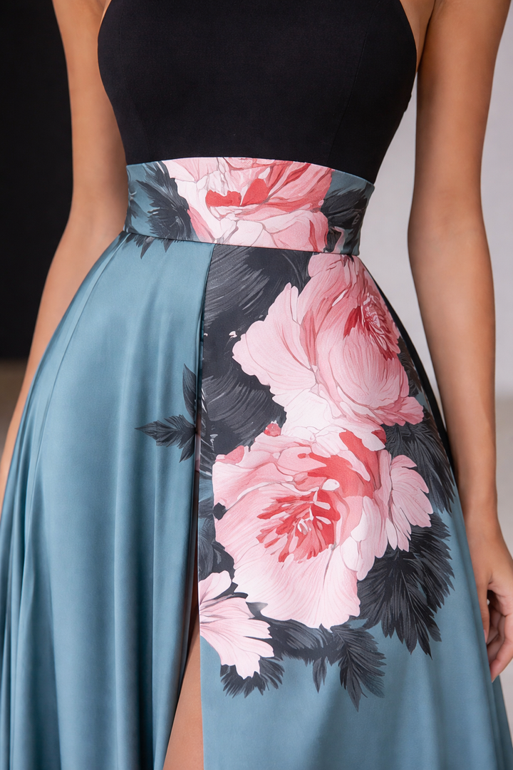 A-Line Maxi Dress With Slit Flowers