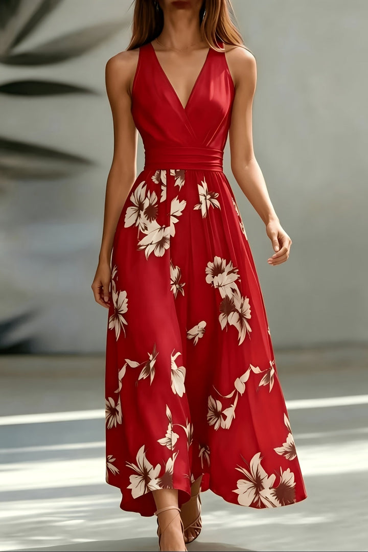 Shirred Midi Dress with V Neck and Cinched Waist