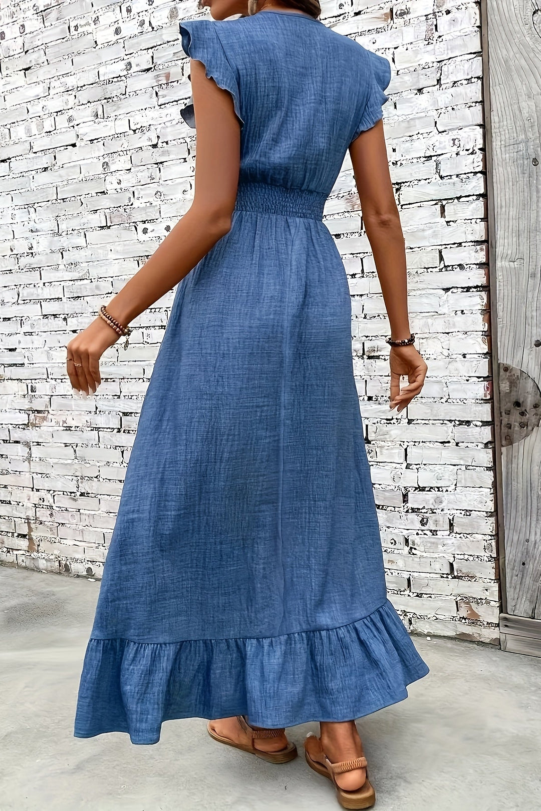 Cinched Waist Maxi Dress with Ruffle Detail - Blue / 2XL