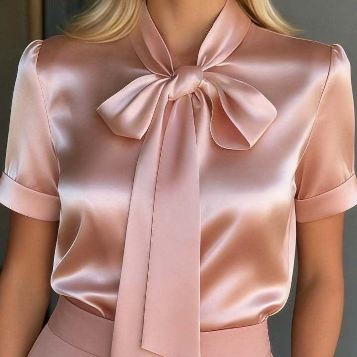 Bow Collar Satin Top with Long Sleeves for Women