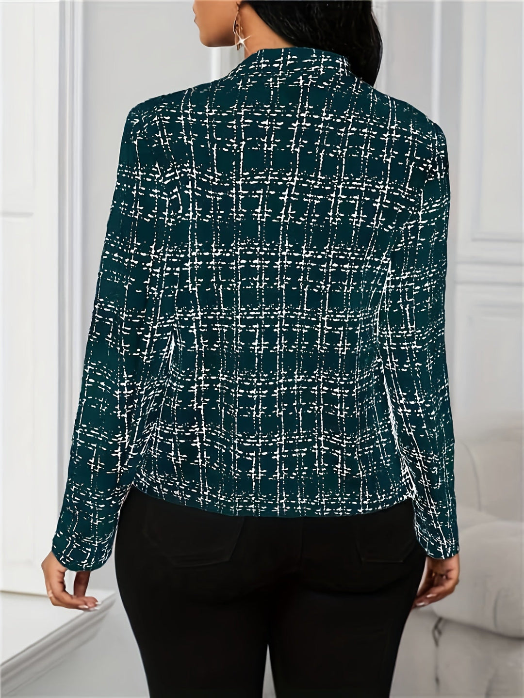Plaid Blazer with a Structured Stand Collar for Women