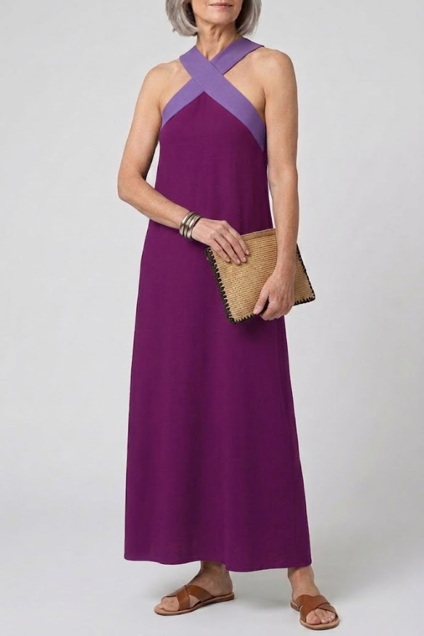 Crossed Front V Neck Maxi Dress Short Sleeve Breathable
