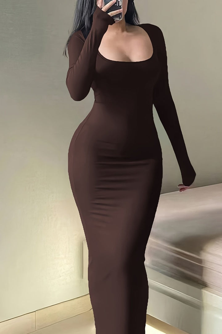 Square Neck Maxi Dress with Long Sleeves and Bodycon Fit