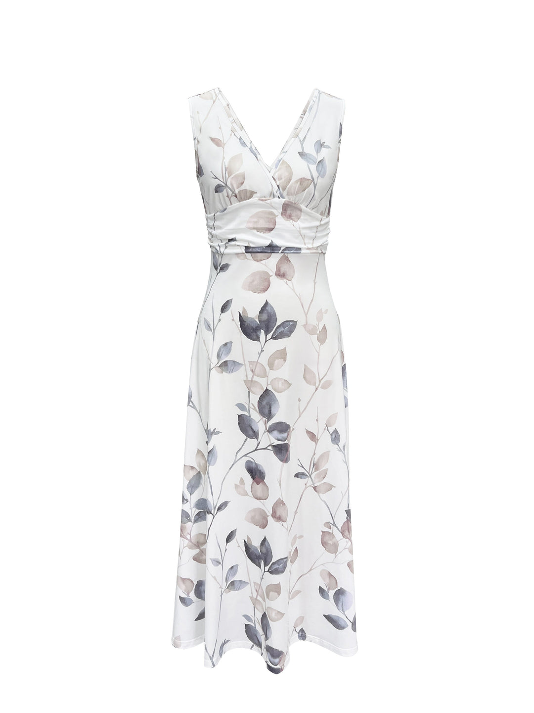 Plants Print Maxi Dress with V Neck and Frill Detail
