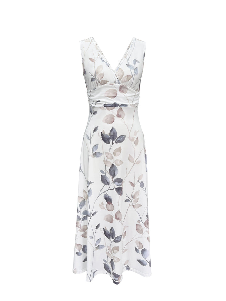 Plants Print Maxi Dress with V Neck and Frill Detail