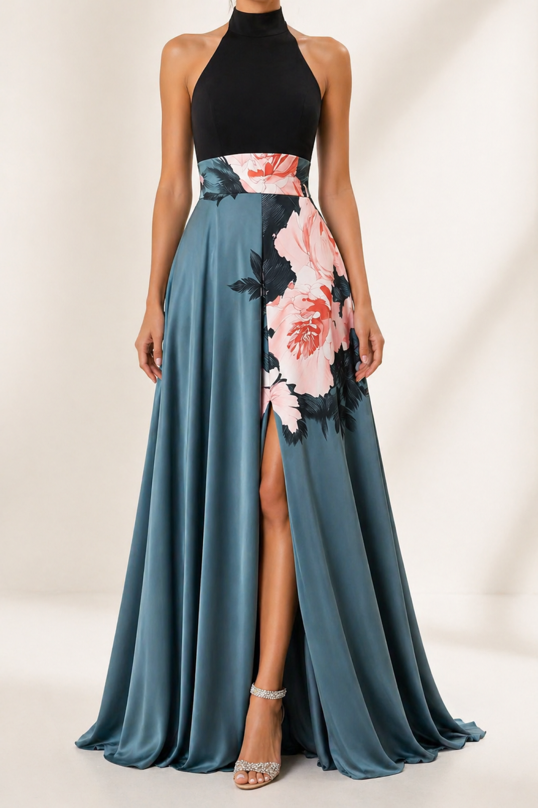 A-Line Maxi Dress With Slit Flowers