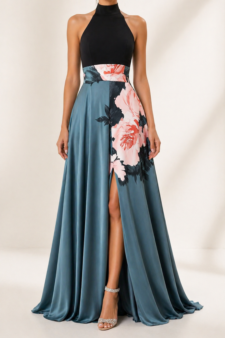 A-Line Maxi Dress With Slit Flowers