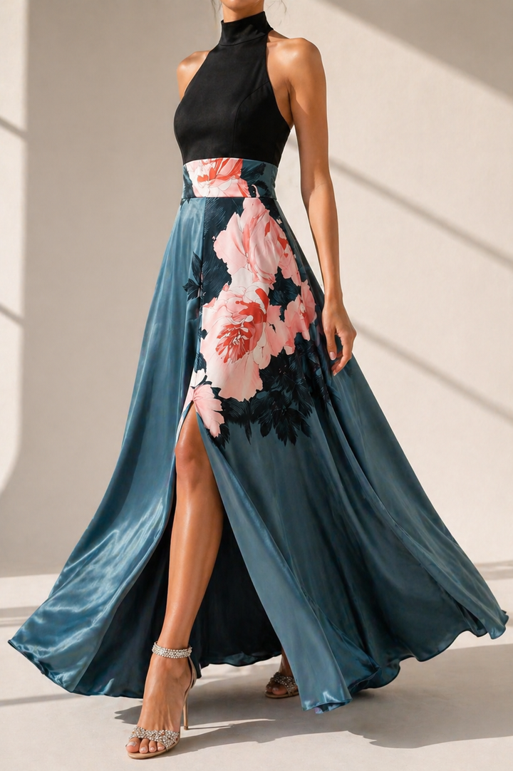 A-Line Maxi Dress With Slit Flowers