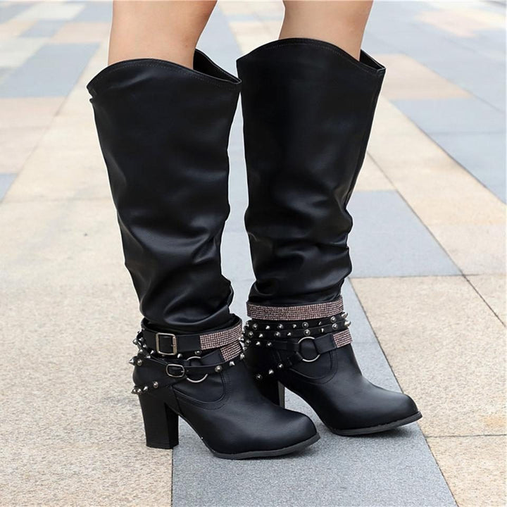 Block Heel Knee High Boots with Studded Straps for Women