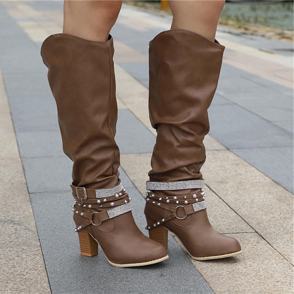 Block Heel Knee High Boots with Studded Straps for Women