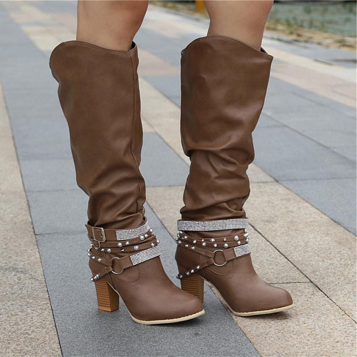 Block Heel Knee High Boots with Studded Straps for Women