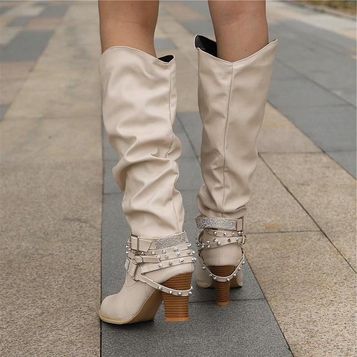 Block Heel Knee High Boots with Studded Straps for Women