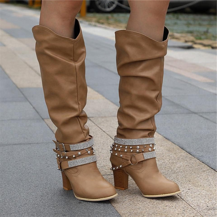 Block Heel Knee High Boots with Studded Straps for Women