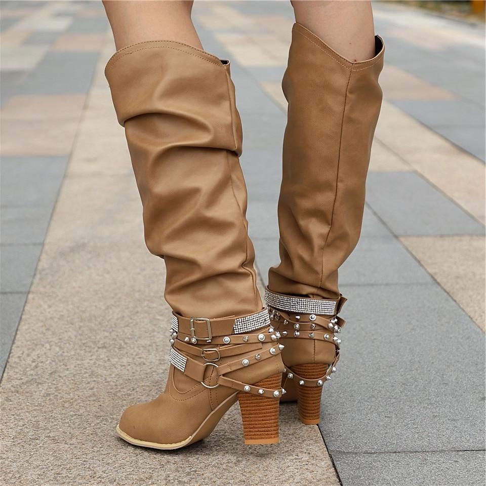 Block Heel Knee High Boots with Studded Straps for Women