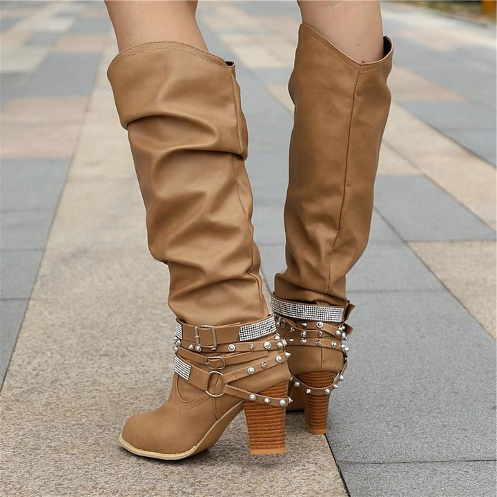 Block Heel Knee High Boots with Studded Straps for Women
