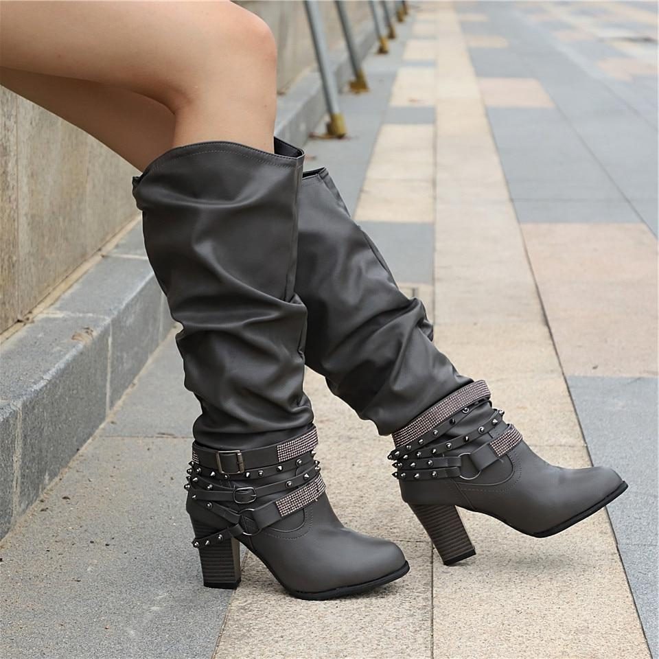 Block Heel Knee High Boots with Studded Straps for Women