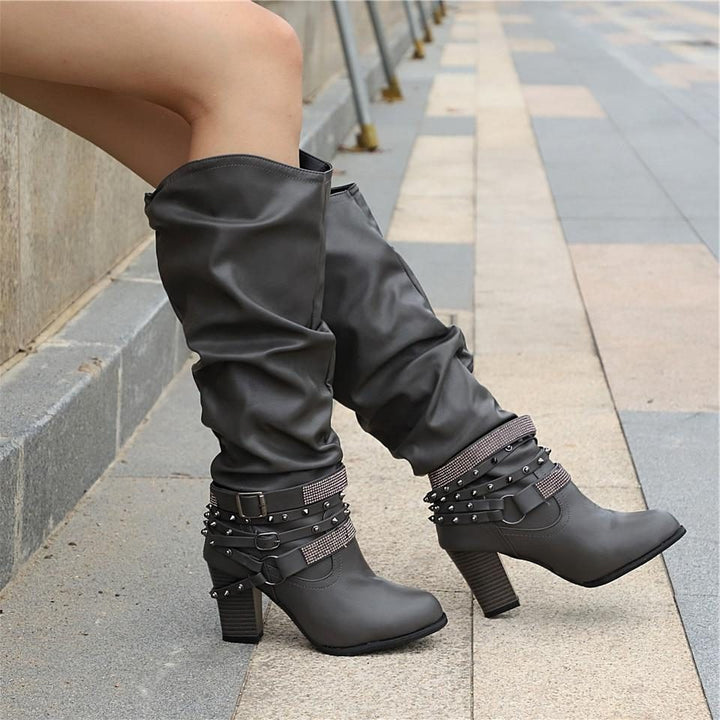 Block Heel Knee High Boots with Studded Straps for Women