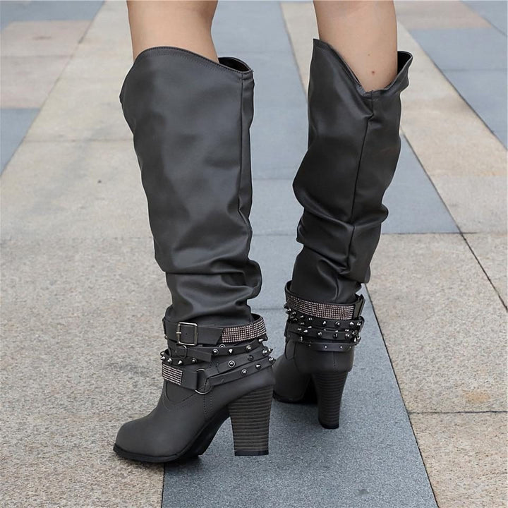Block Heel Knee High Boots with Studded Straps for Women