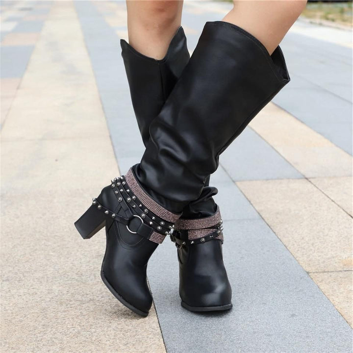 Block Heel Knee High Boots with Studded Straps for Women