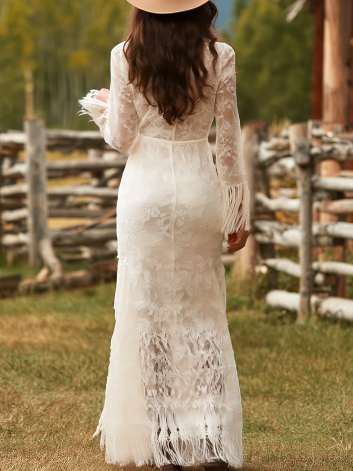 Boho Maxi Wedding Dress with Lace Bodice and Fringe Hem