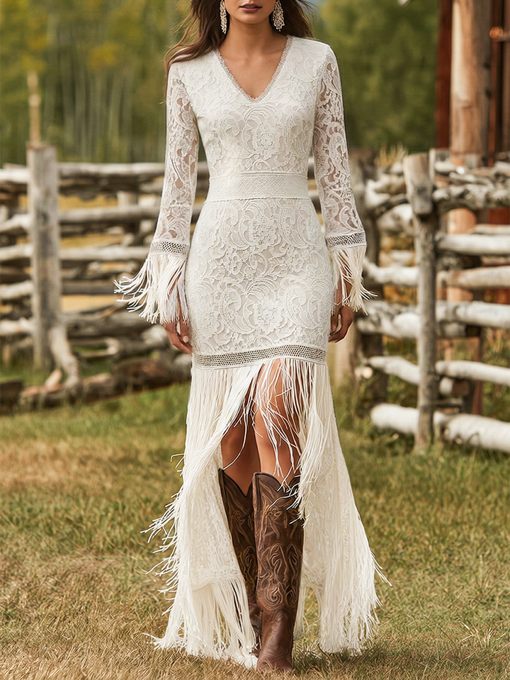 Boho Maxi Wedding Dress with Lace Bodice and Fringe Hem