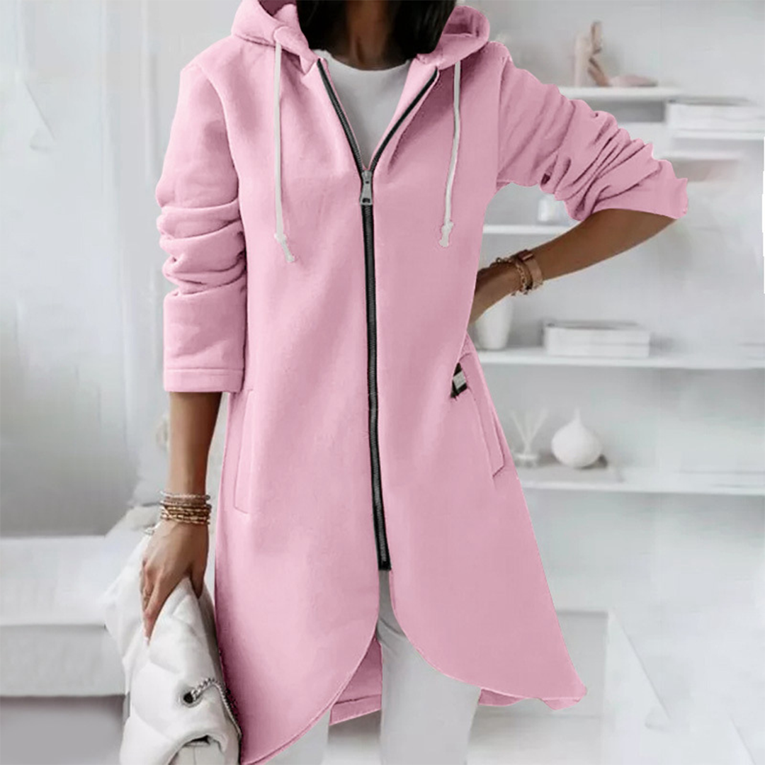 Casual Long Zip Up Hoodie with Curved Hem for Women