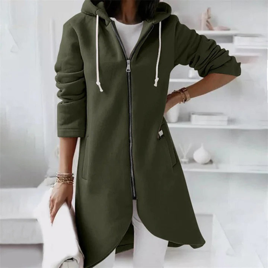 Casual Long Zip Up Hoodie with Curved Hem for Women