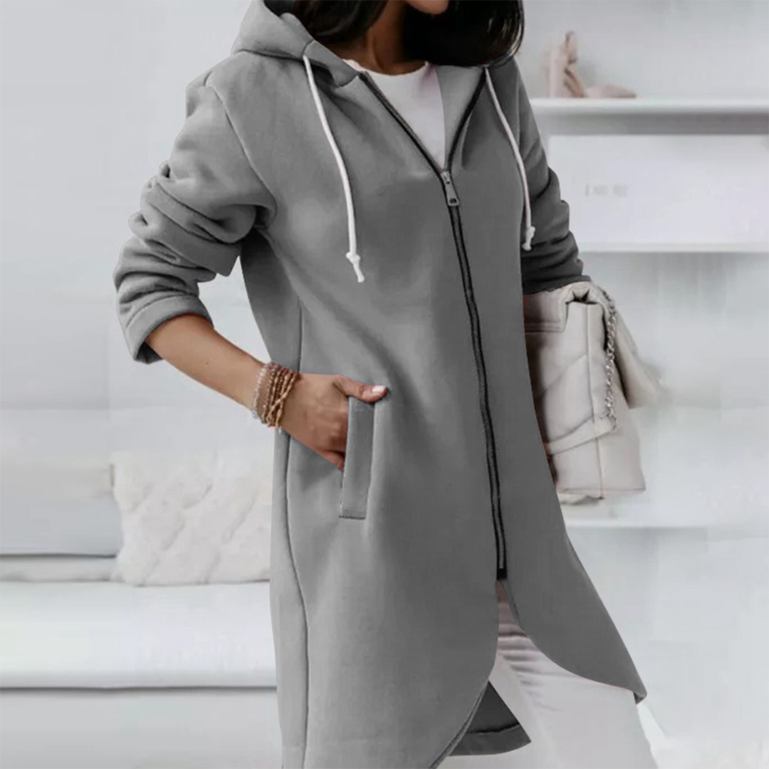 Casual Long Zip Up Hoodie with Curved Hem for Women