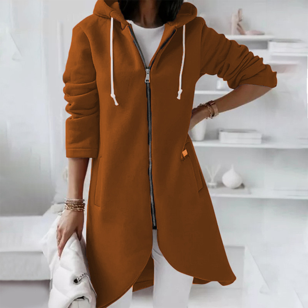 Casual Long Zip Up Hoodie with Curved Hem for Women
