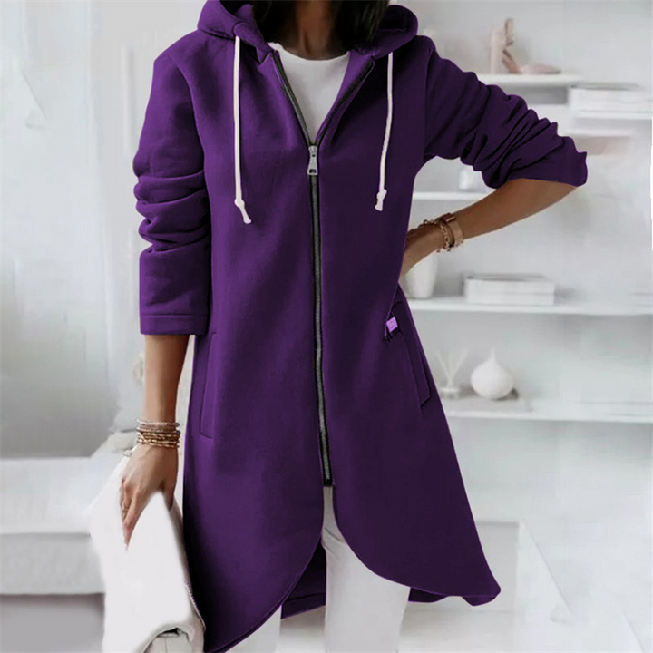 Casual Long Zip Up Hoodie with Curved Hem for Women