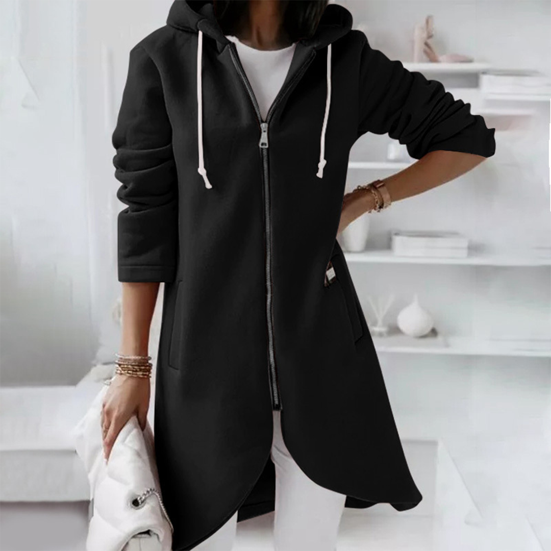 Casual Long Zip Up Hoodie with Curved Hem for Women