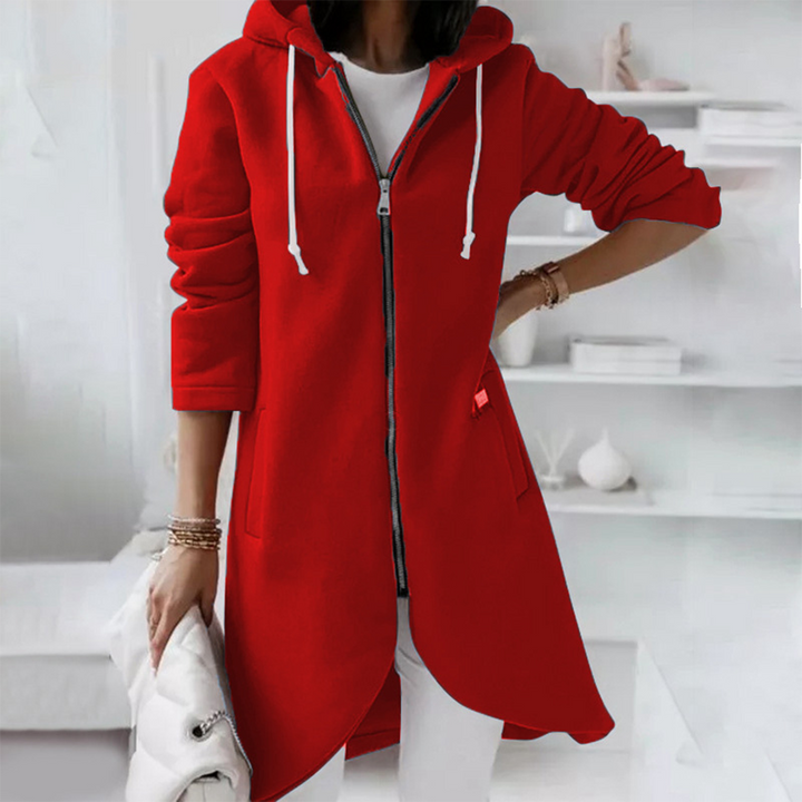Casual Long Zip Up Hoodie with Curved Hem for Women