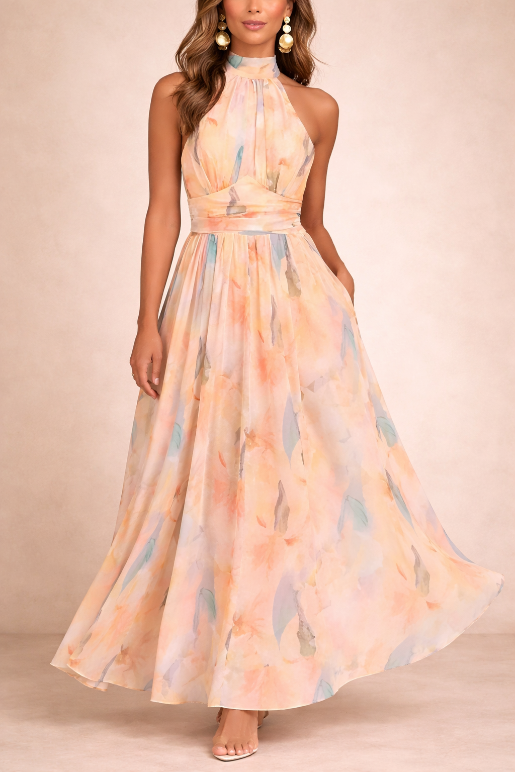 peach halter maxi dress Peach Halter Neck Backless Tiered Maxi Dress