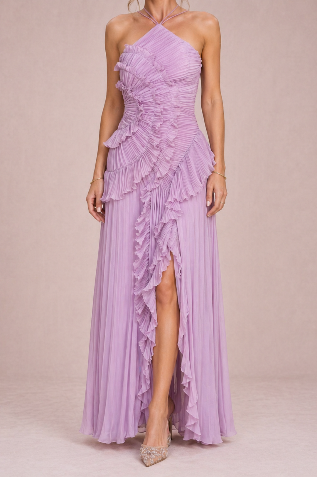 Elegant Draped Pleat Halter Midi Dress