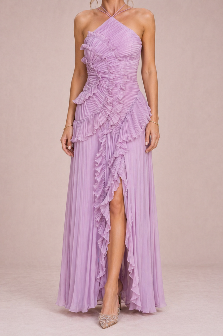 Elegant Draped Pleat Halter Midi Dress