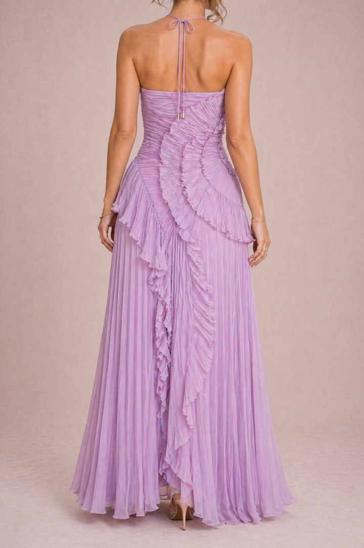 Elegant Draped Pleat Halter Midi Dress