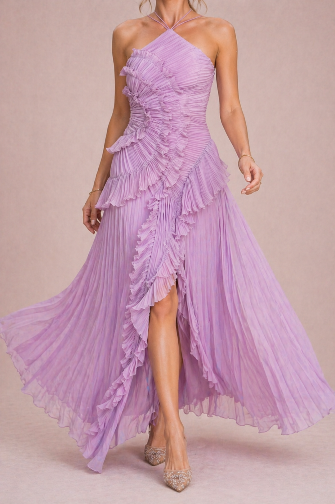Elegant Draped Pleat Halter Midi Dress