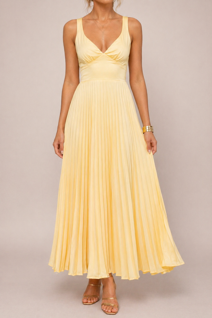 Pleated V-Neck Maxi Dress Yellow