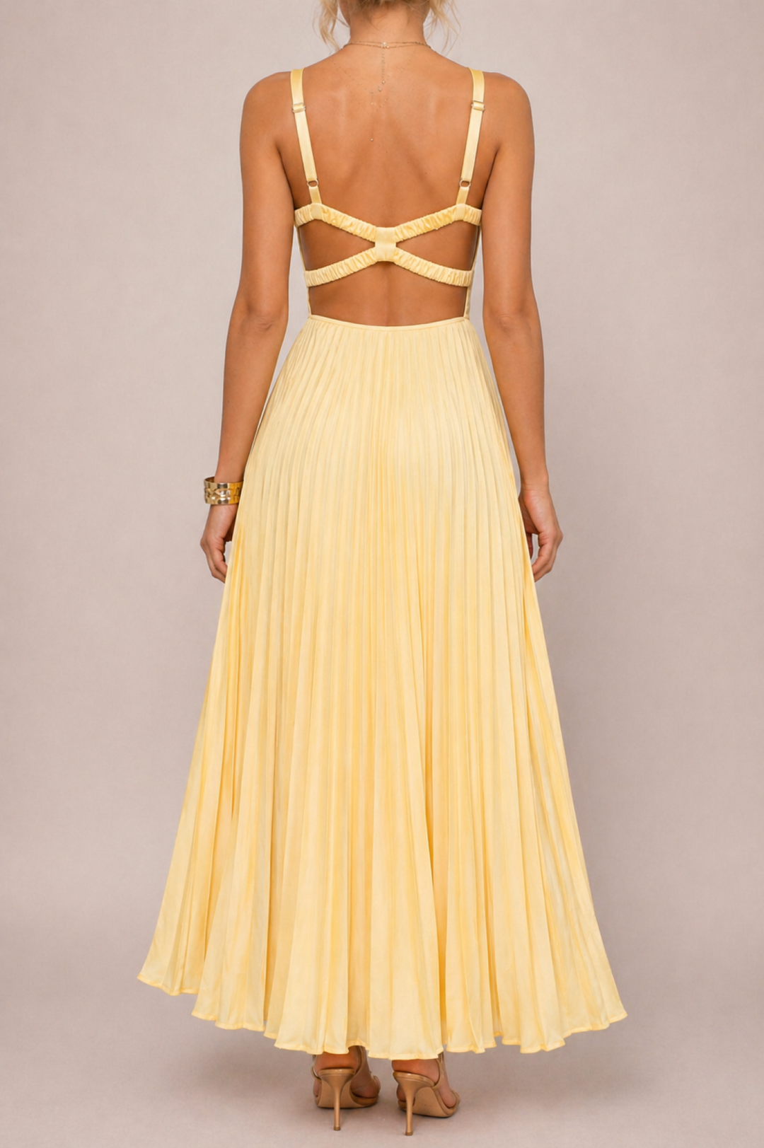 Pleated V-Neck Maxi Dress Yellow