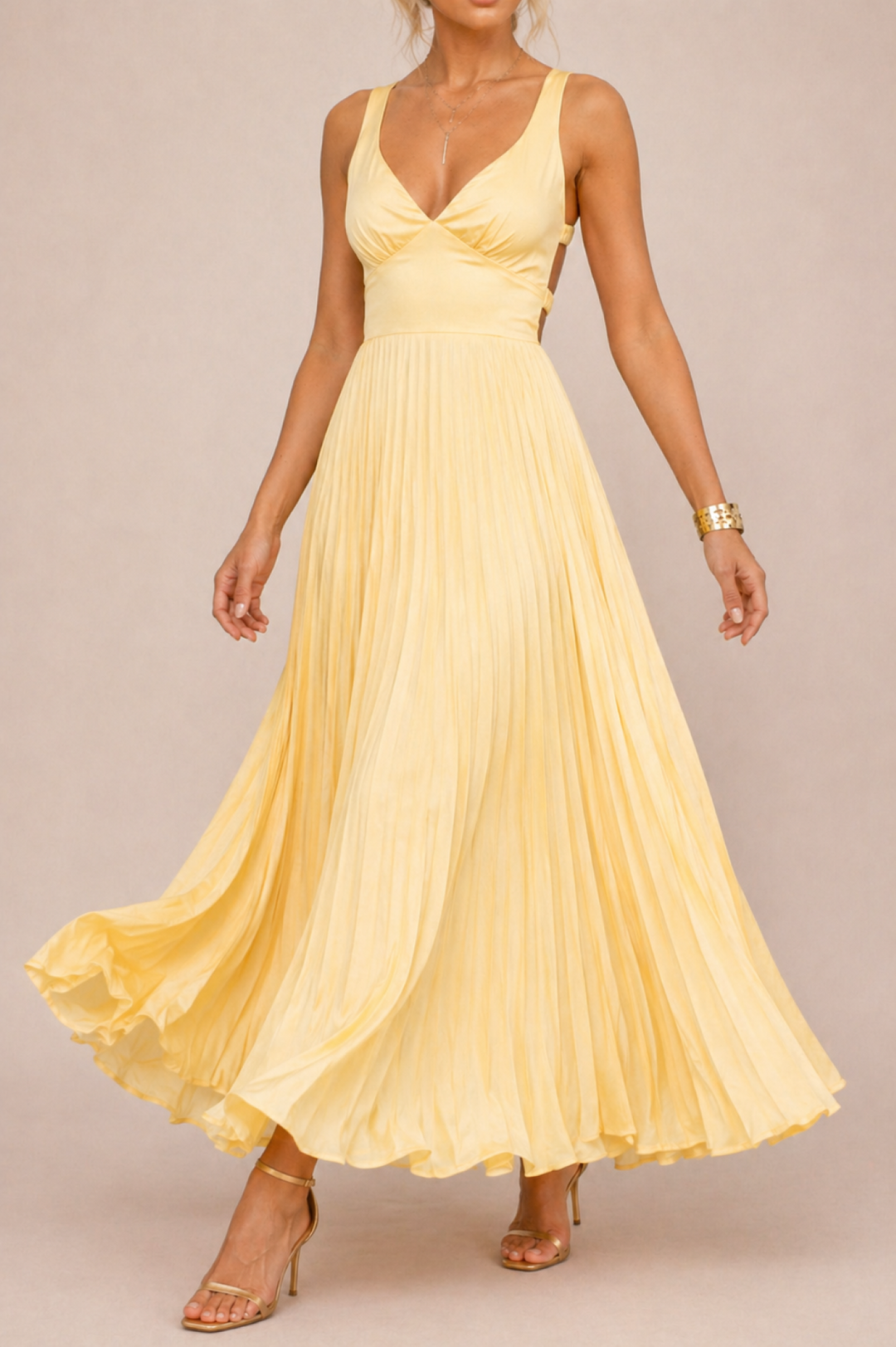 Pleated V-Neck Maxi Dress Yellow - Yellow / L